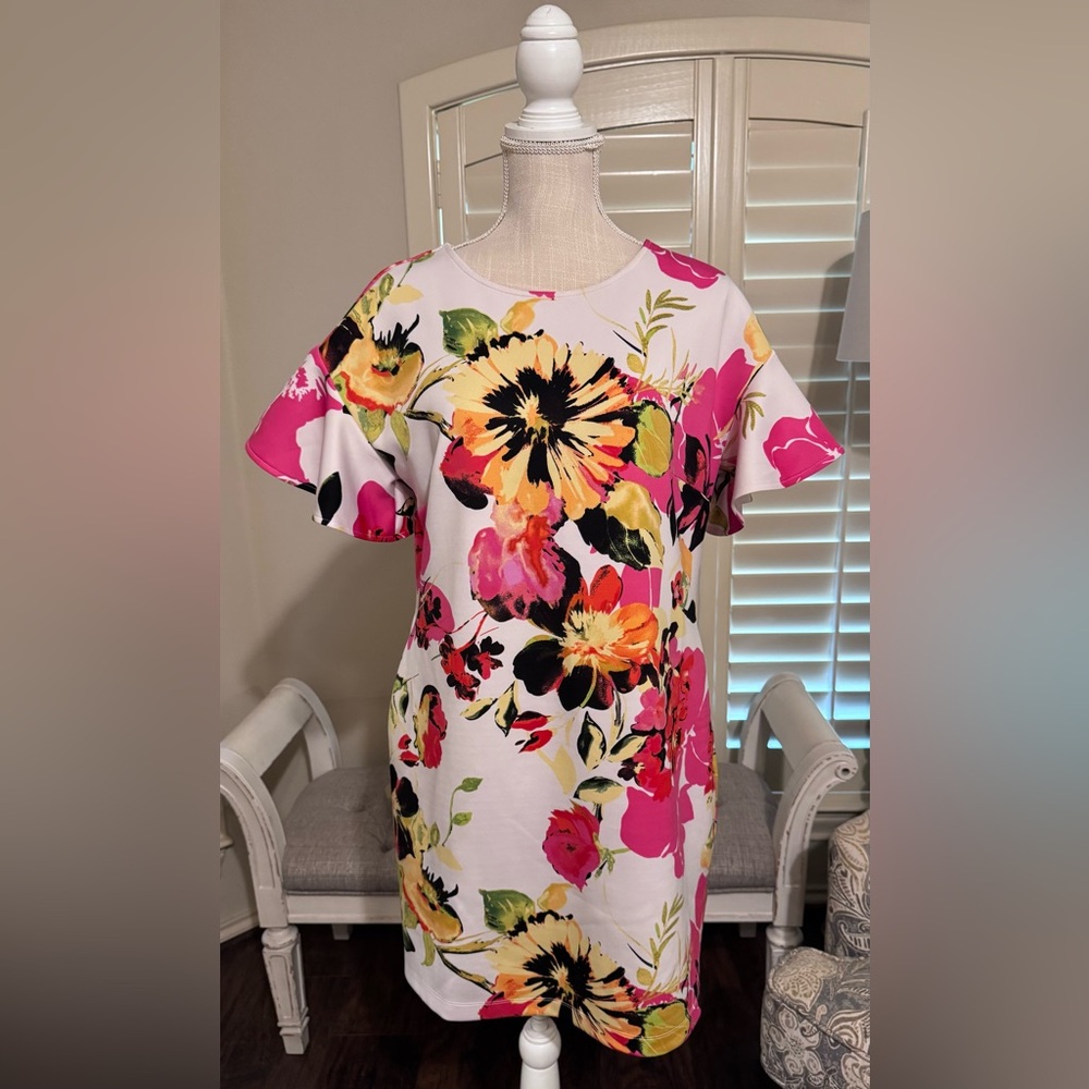 New York and Company Floral Shift Dress in White with Pink & Yellow Blooms